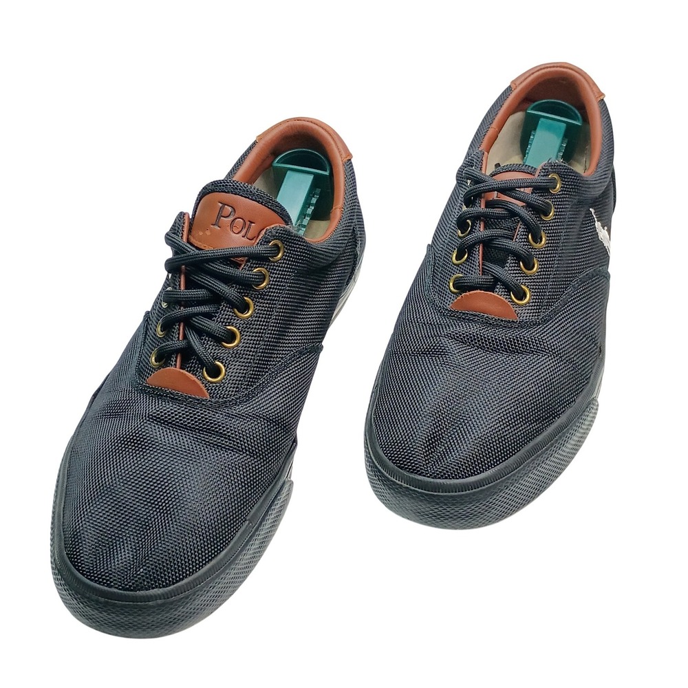 Polo Ralph Lauren Vaughn Mens 10.5 Black Nylon Leather Low Top Sneakers Shoes